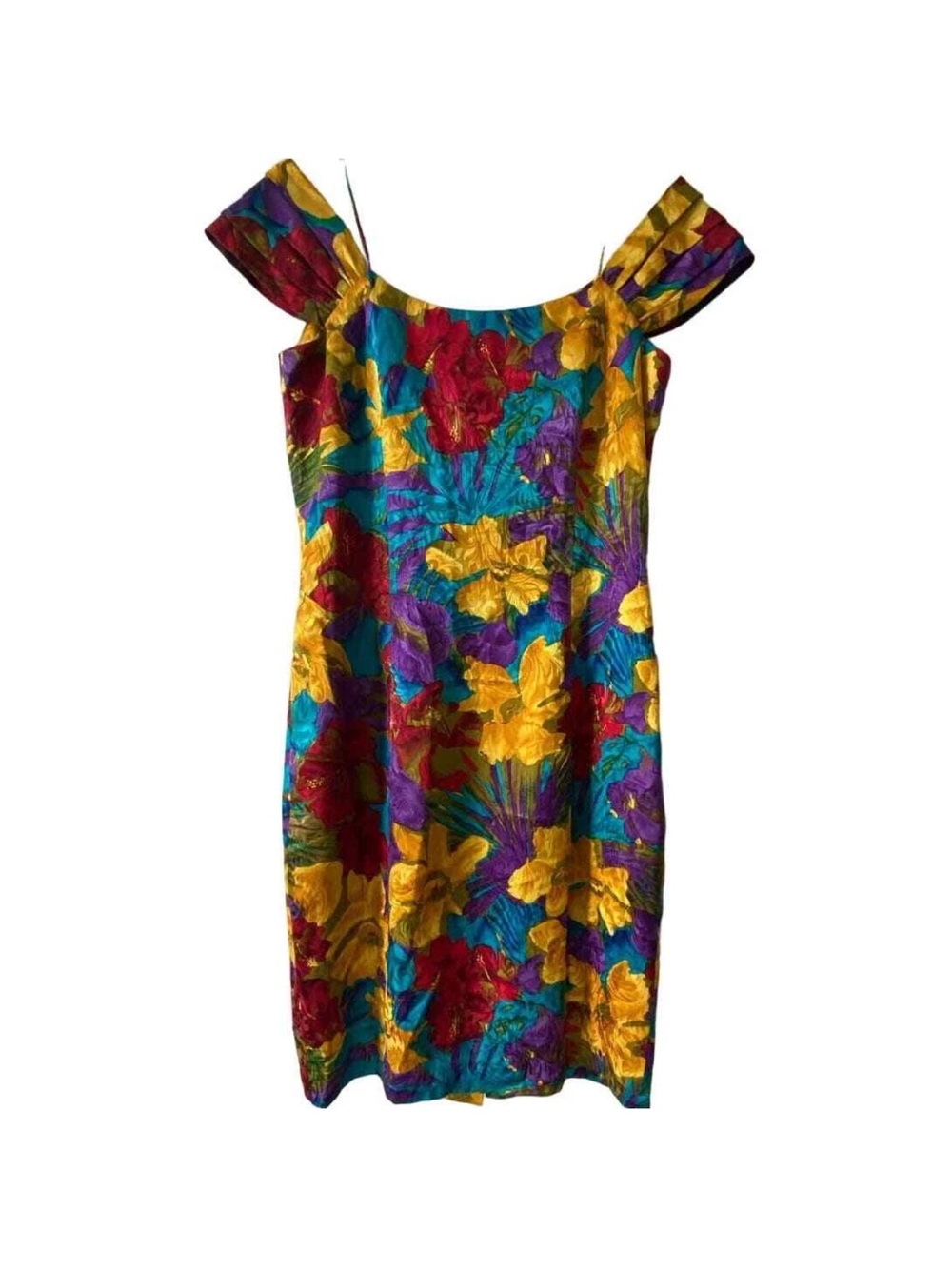 Vintage Gillian 100% Silk Tropical Floral Midi Dress Size 10 Off Shoulder Bright - Picture 3 of 12